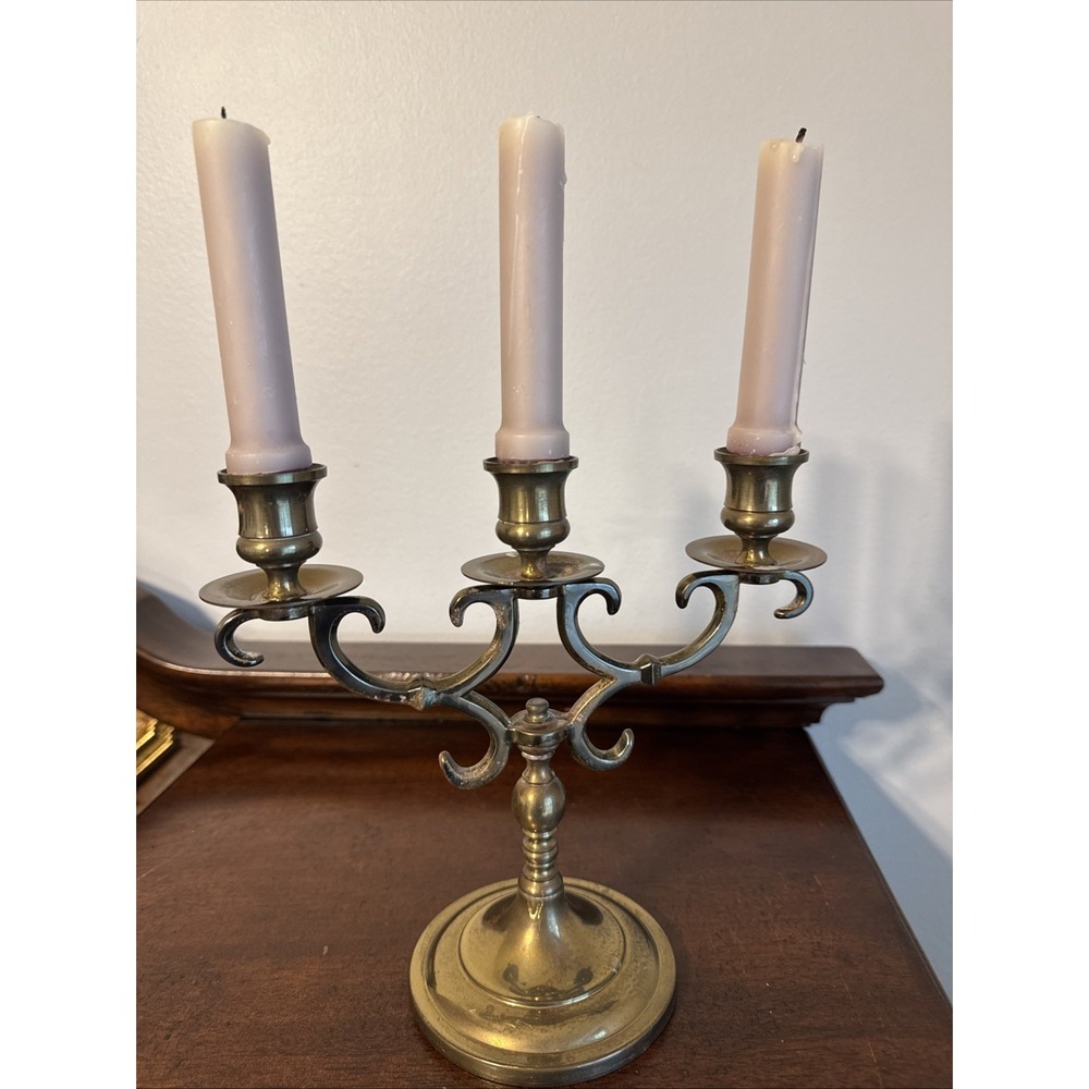 Vintage Candelabra THREE ARM Solid Brass CANDLESTICK Marked Candle Holder